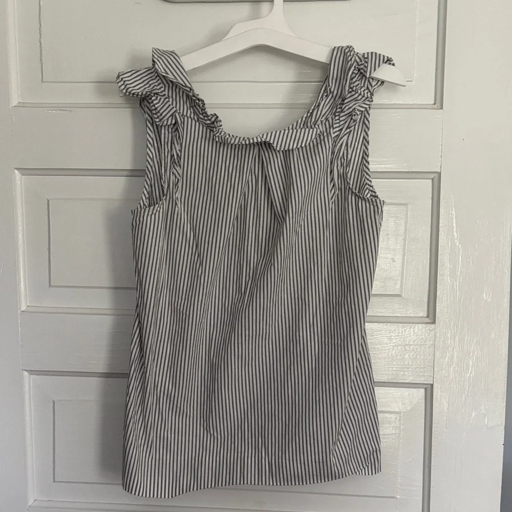 J. Crew Sleeveless Ruffled Neck Vertical Stripe Top - White/Gray
